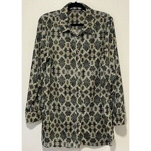 Soft Surroundings Size XL Green Velvet Print Top  Button Long Sleeve Tunic Boho